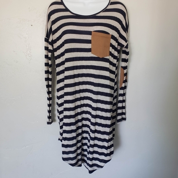 Lollipop Star Small Long Sleeve Tunic Dress Grey Navy Stripes Tan Elbow Patches - Picture 1 of 6